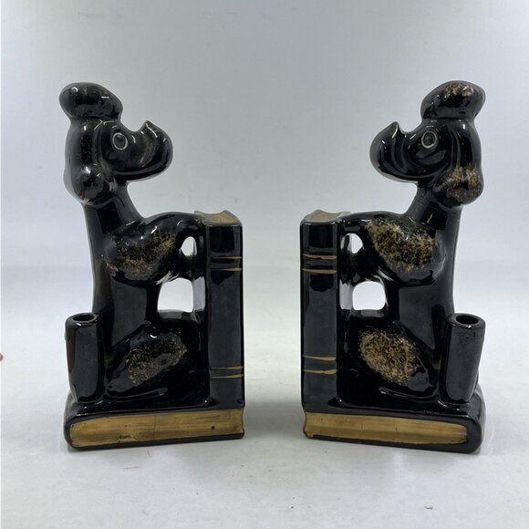 Vintage Black Poodle Dog Porcelain Bookends Set Pen Pencil Holder Japan - Picture 2 of 13